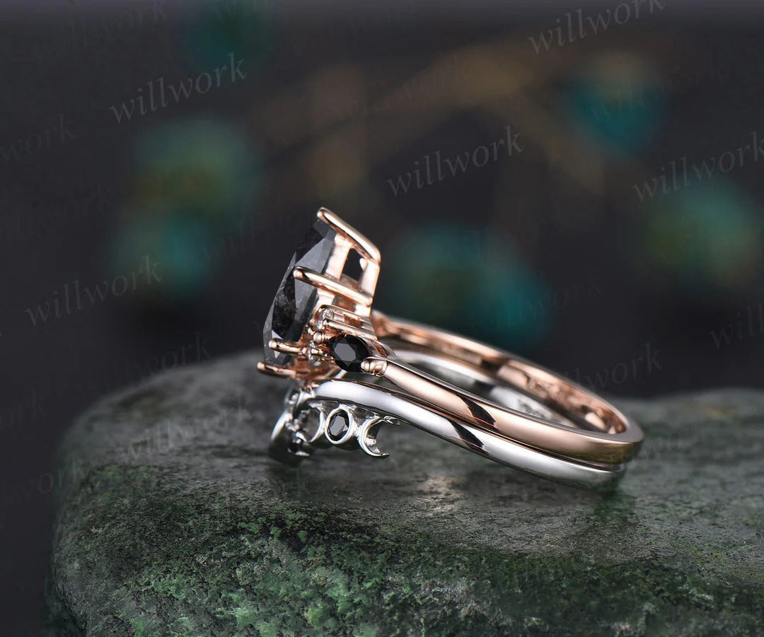 Kite Cut Salt and Pepper Diamond Engagement Ring Set Vintage Celtic Knot Black Spinel Band Unique Bridal Set