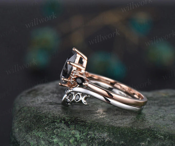 Kite Cut Salt and Pepper Diamond Engagement Ring Set Vintage Celtic Knot Black Spinel Band Unique Bridal Set
