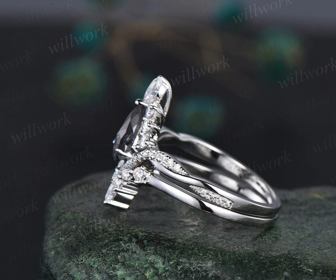 Vintage kite cut salt and pepper diamond engagement ring set twisted infinity diamond wedding bridal ring set women gifts