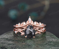 Nature Inspired Pear Salt and Pepper Diamond Engagement Ring Twised Twig Leaf Unique Diamond Bridal Wedding Ring Set Women Gift