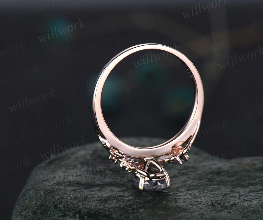 Pear salt and pepper diamond engagement ring vintage five stone black diamond accented ring twig leaf unique promise ring women