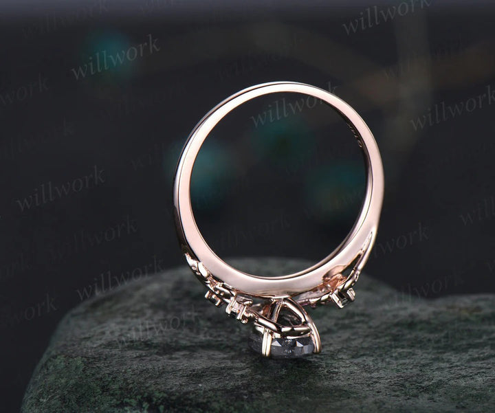Pear salt and pepper diamond engagement ring vintage five stone black diamond accented ring twig leaf unique promise ring women