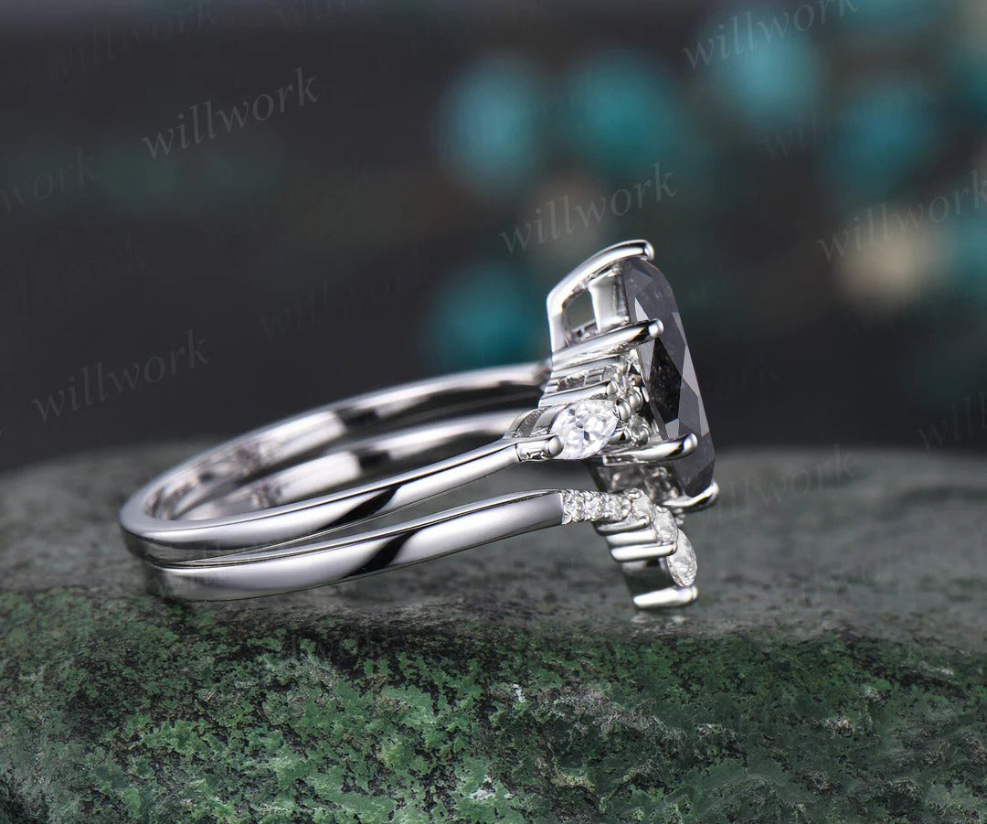 Unique marquise cut salt and pepper diamond engagement ring set seven stone moissanite accent promise ring bridal set