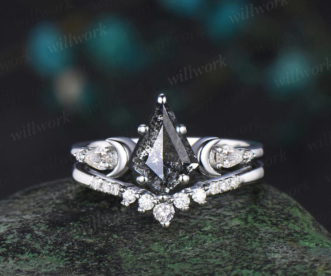 Unique kite cut salt and pepper diamond engagement ring set women 6 prong diamond accented moon bridal ring set