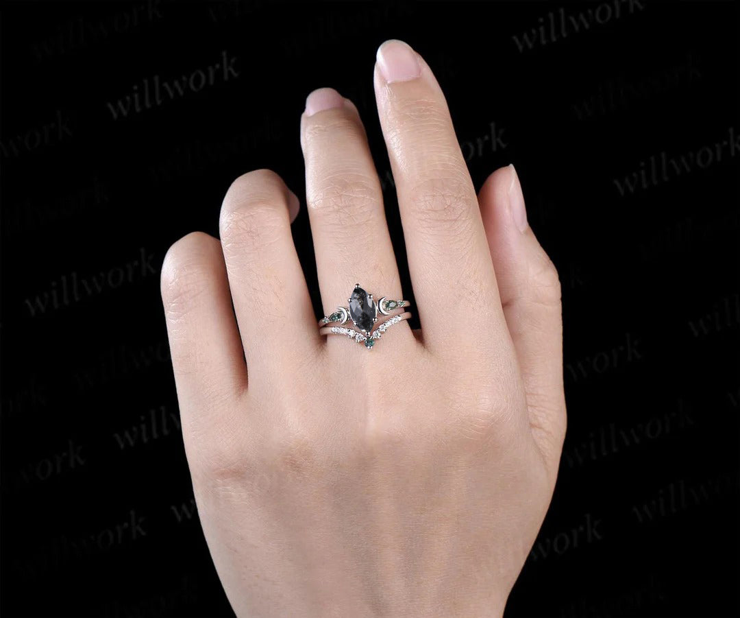 Unique Marquise Salt & Pepper Diamond Ring Set Moon Deco Moss Agate Emerald Accent Promise Ring Curved Band Bridal Set