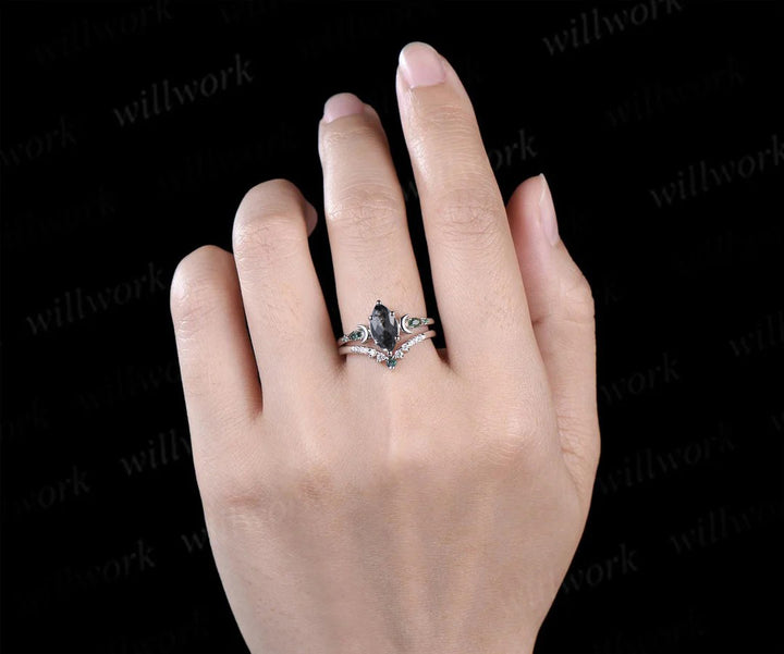 Unique Marquise Salt & Pepper Diamond Ring Set Moon Deco Moss Agate Emerald Accent Promise Ring Curved Band Bridal Set