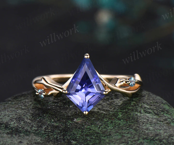 Kite Tanzanite Engagement Ring Set Vintage Twig Alexandrite Accent Ring Branch Ring Curved Wedding Band Unique Bridal Set