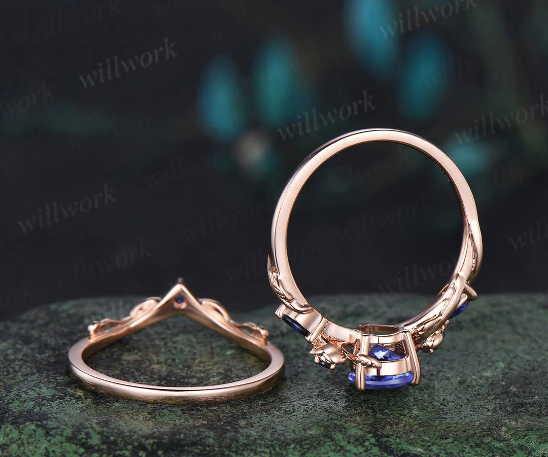 Pear natural Tanzanite engagement ring set rose gold sapphire leaf floral flower bridal ring set women