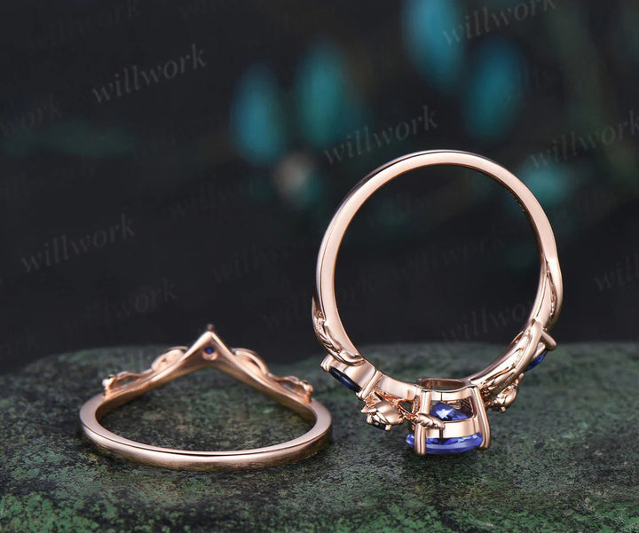 Pear natural Tanzanite engagement ring set rose gold sapphire leaf floral flower bridal ring set women