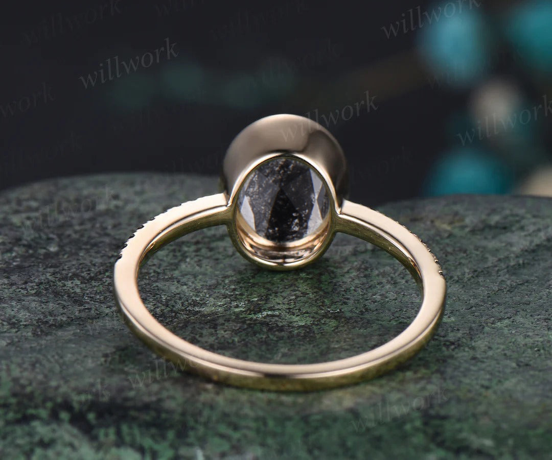 Oval Cut Bezel Natural Salt and Pepper Diamond Engagement Ring Unique Black Diamond Spinel Half Eternity Promise Ring