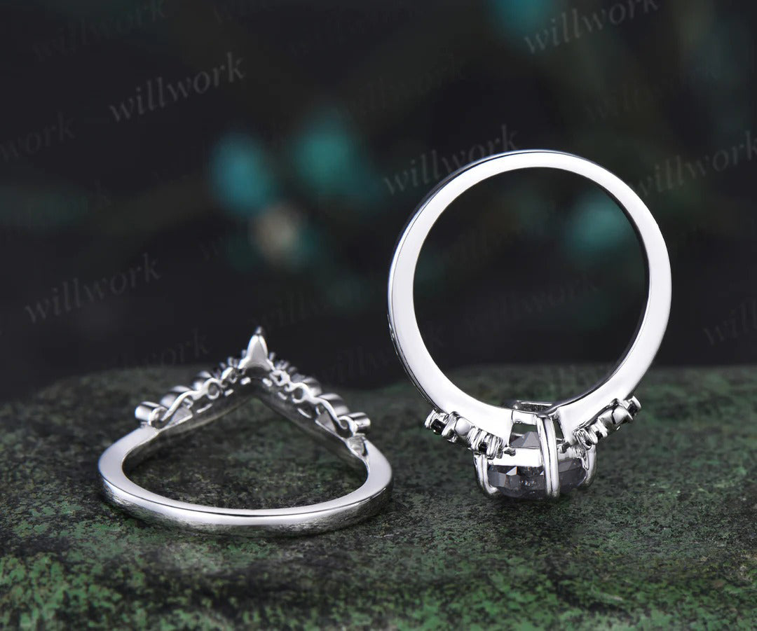 Kite cut salt and pepper diamond engagement ring Moon black diamond ring women unique anniversary gift
