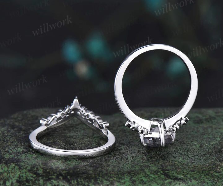 Kite cut salt and pepper diamond engagement ring Moon black diamond ring women unique anniversary gift