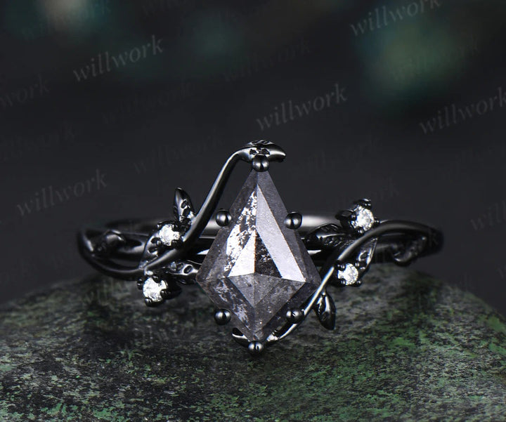 Kite Natural Salt & Pepper Diamond Ring Set Unique Leaf Vine Moissanite Accent Ring Enhancer Band Black Gold Bridal Set