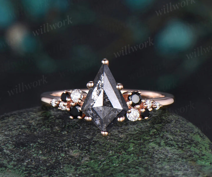 Unique kite cut salt and pepper diamond engagement ring rose gold snowdrift black diamond stacking wedding ring set women