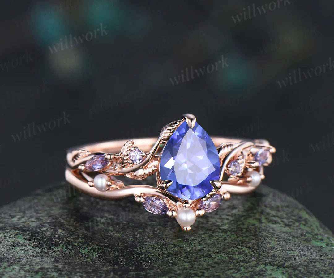 Pear tanzanite engagement ring set leaf pearl 14k rose gold wedding ring set jewelry