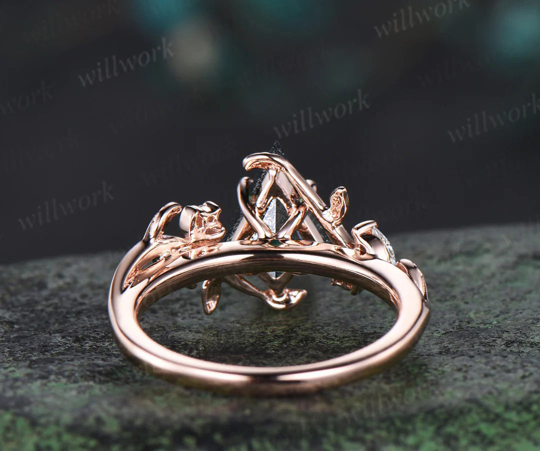 Kite cut salt and pepper diamond ring moon leaf nature inspired engagement ring diamond moissanite accented wedding ring women