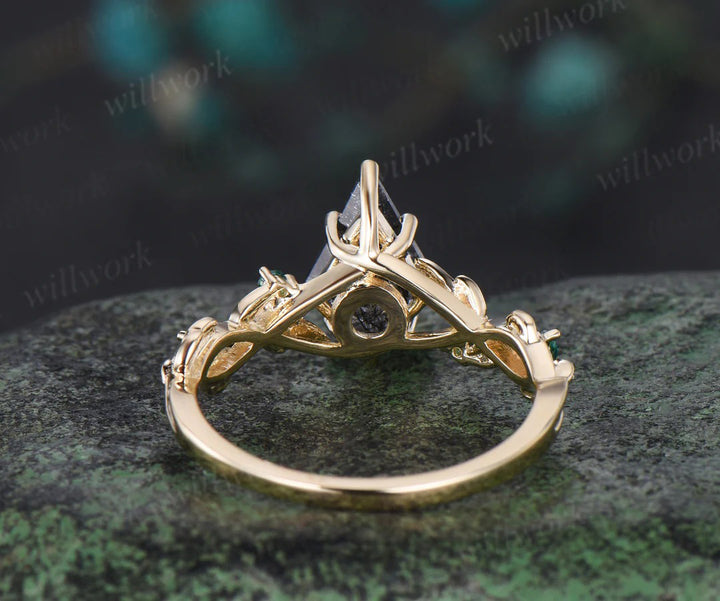 7x10mm Kite Cut Salt and Pepper Diamond Engagement Ring Emerald Leaf Twig Promise Ring Gifts for Her
