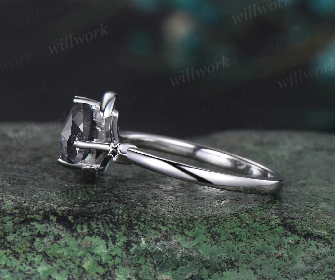 Moon kite cut salt and pepper diamond engagement ring East To West black diamond wedding anniversary ring gift