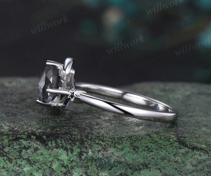 Moon kite cut salt and pepper diamond engagement ring East To West black diamond wedding anniversary ring gift