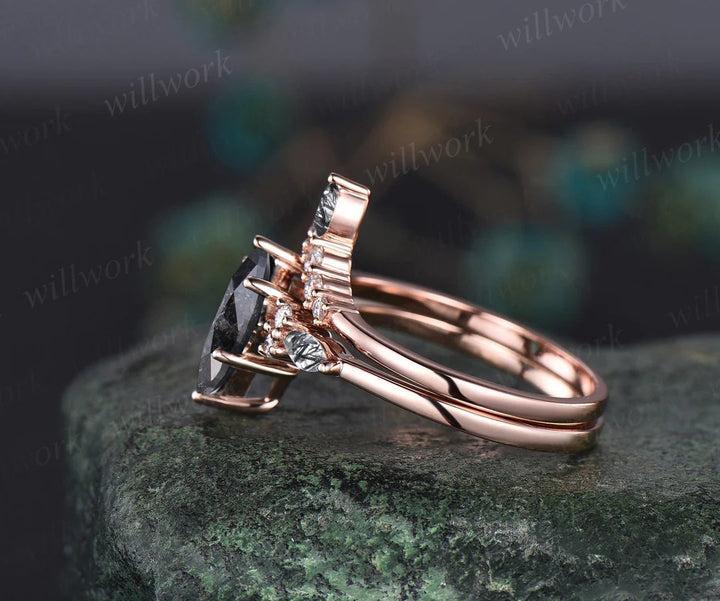 Kite cut salt and pepper diamond engagement ring set black rutilated quartz moissanite ring unique bridal set