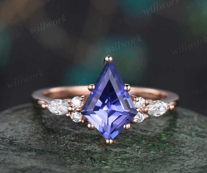 Kite Natural Tanzanite Engagement Ring Set Marquise Diamond Accent Seven Stone Ring Celtic Knot Wedding Band Vintage Bridal Set