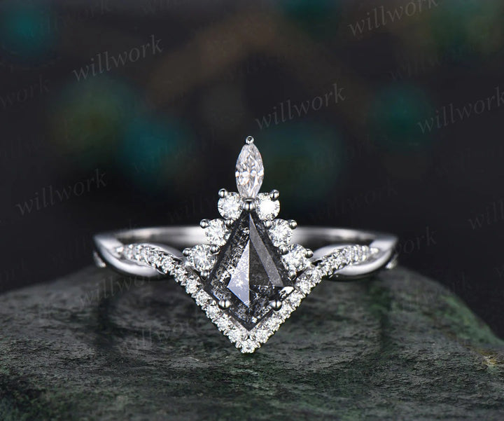 Vintage kite cut salt and pepper diamond engagement ring set twisted infinity diamond wedding bridal ring set women gifts