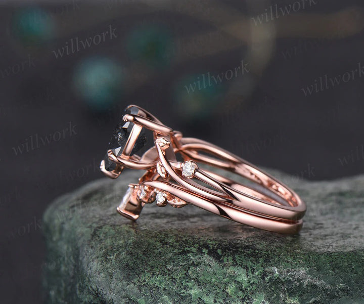 Nature Inspired Pear Salt and Pepper Diamond Engagement Ring Twised Twig Leaf Unique Diamond Bridal Wedding Ring Set Women Gift
