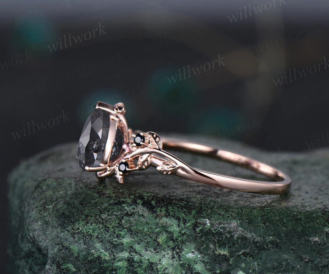 Pear salt and pepper diamond engagement ring vintage five stone black diamond accented ring twig leaf unique promise ring women