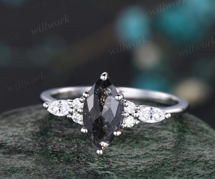 Unique marquise cut salt and pepper diamond engagement ring set seven stone moissanite accent promise ring bridal set