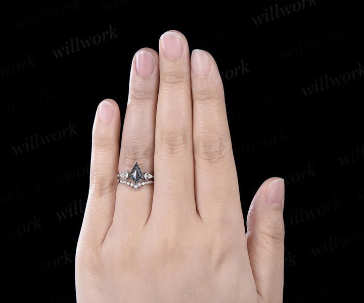 Unique kite cut salt and pepper diamond engagement ring set women 6 prong diamond accented moon bridal ring set