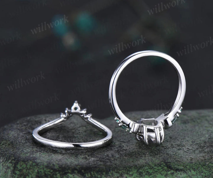 Unique Marquise Salt & Pepper Diamond Ring Set Moon Deco Moss Agate Emerald Accent Promise Ring Curved Band Bridal Set