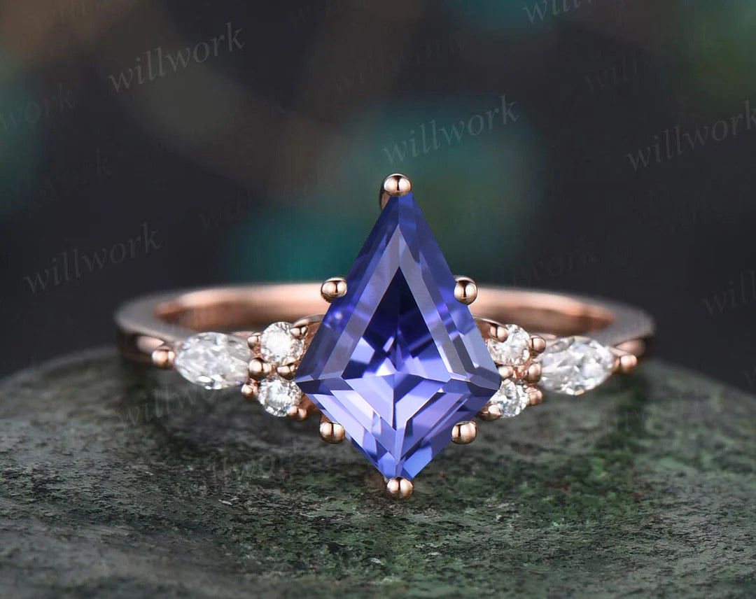 Kite Cut Tanzanite Engagement Ring Set Leaf Vine Alexandrite Diamond Wedding Band Enhancer Unique Wedding Bridal Set