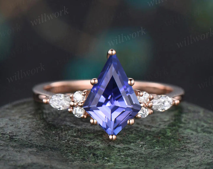 Kite Cut Tanzanite Engagement Ring Set Leaf Vine Alexandrite Diamond Wedding Band Enhancer Unique Wedding Bridal Set