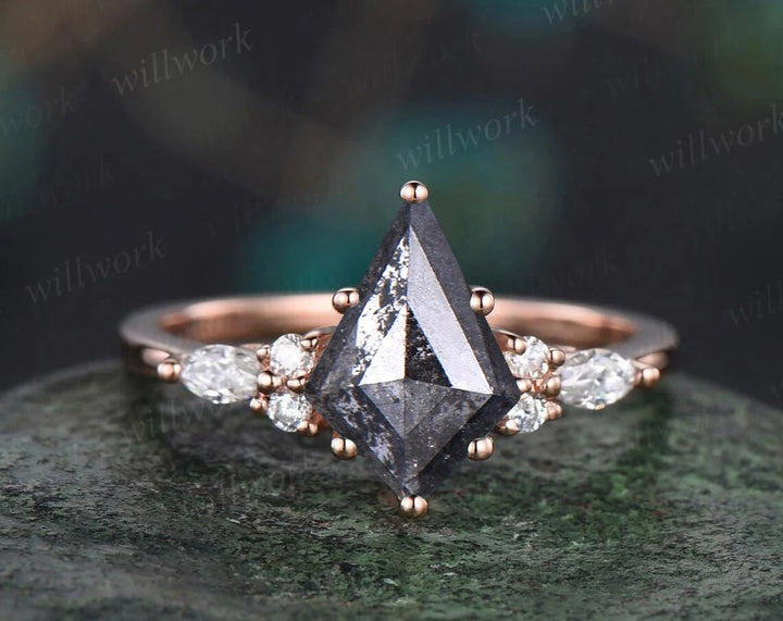 Kite Cut Salt & Pepper Diamond Engagement Ring Leaf Vine Moissanite Accent Ring Black Spinel Twig Enhancer Band Nature Inspired Bridal Set