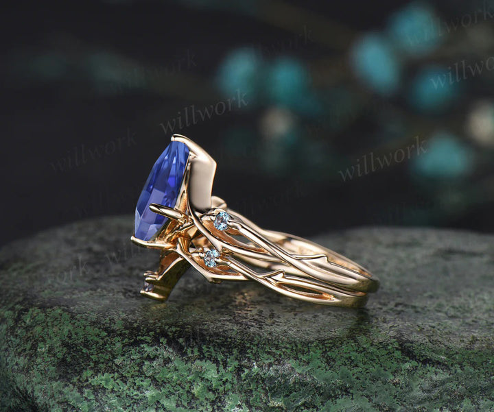 Kite Tanzanite Engagement Ring Set Vintage Twig Alexandrite Accent Ring Branch Ring Curved Wedding Band Unique Bridal Set