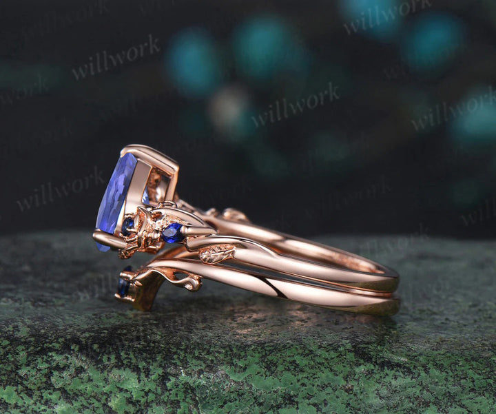 Pear natural Tanzanite engagement ring set rose gold sapphire leaf floral flower bridal ring set women