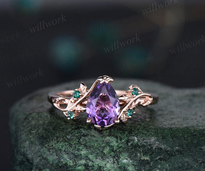 Vintage pear shaped amethyst engagement ring nature inspired leaf emerald white gold wedding band enhancer twisted bridal ring set women