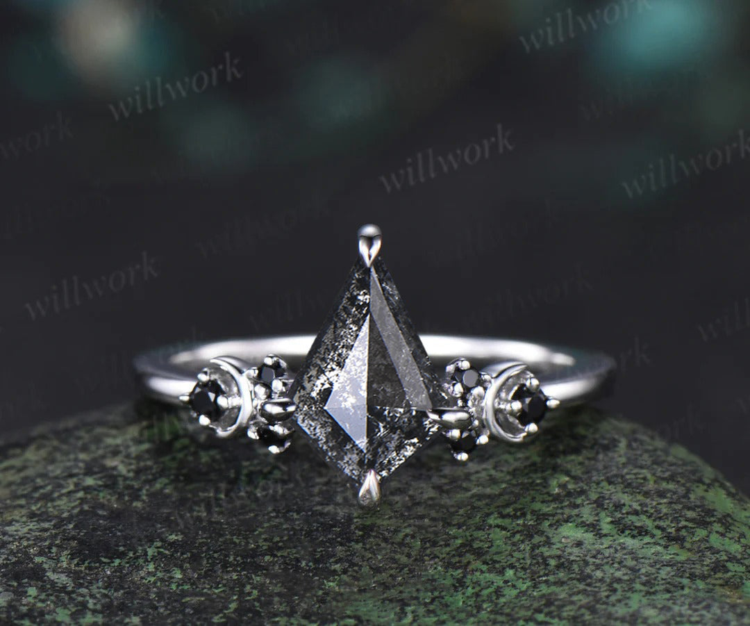 Kite cut salt and pepper diamond engagement ring Moon black diamond ring women unique anniversary gift