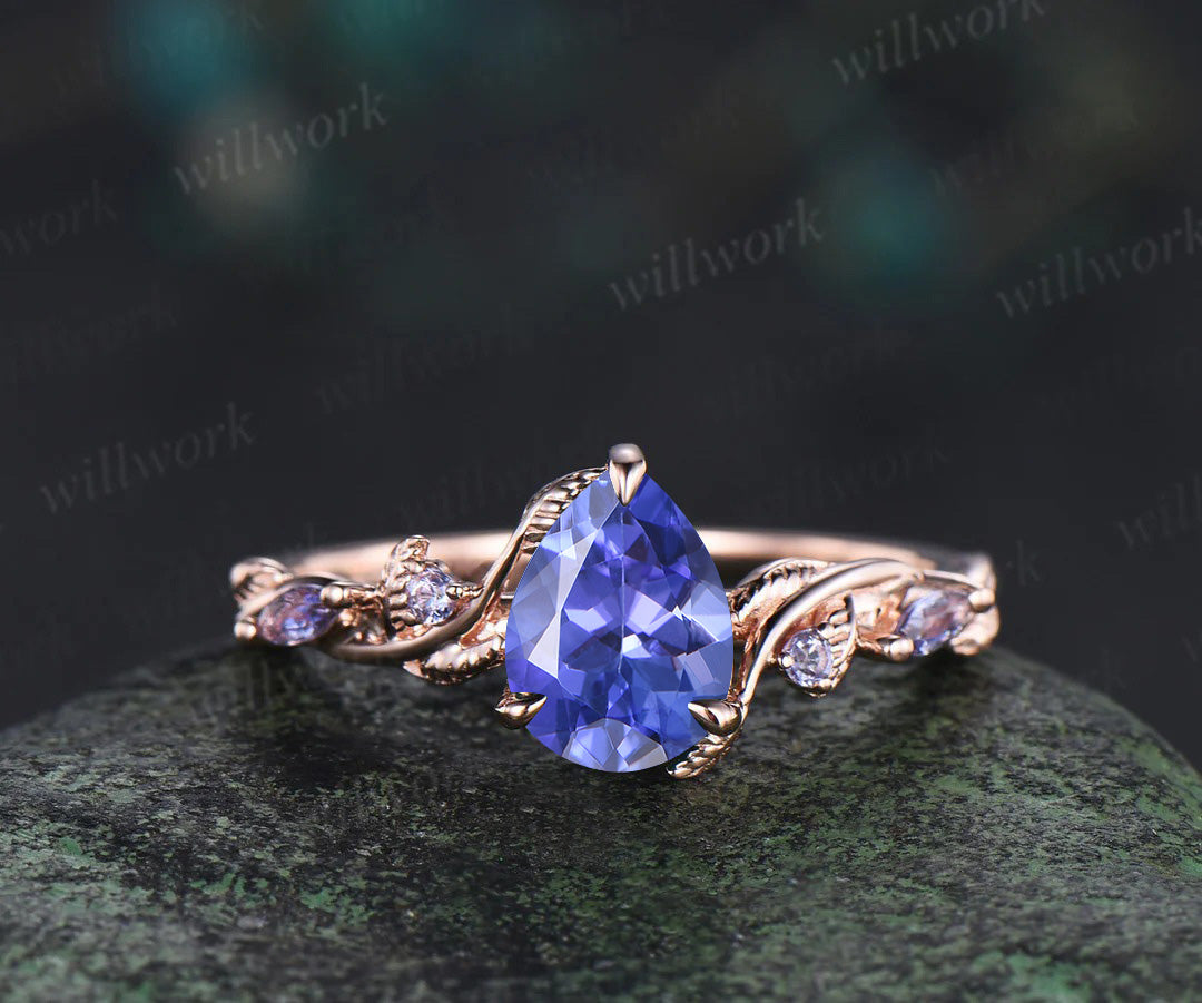 Pear tanzanite engagement ring set leaf pearl 14k rose gold wedding ring set jewelry
