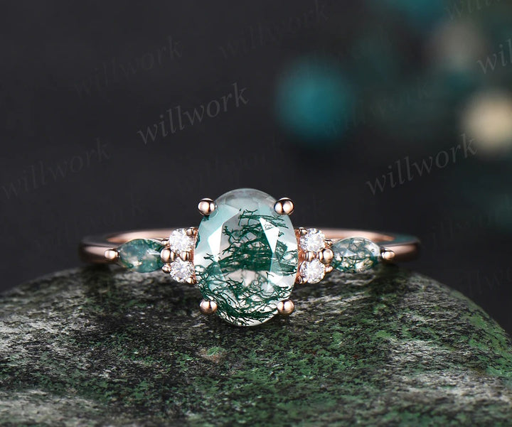 Vintage oval cut moss agate engagement ring rose gold Double diamond wedding band enhancer unique wedding bridal ring set women jewelry