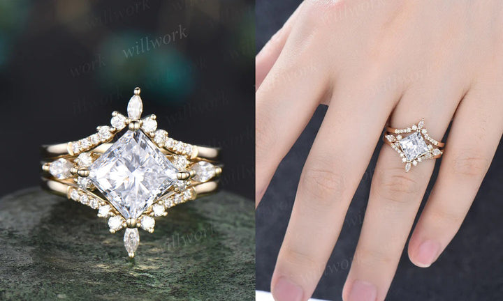 Princess cut lab-grown diamond engagement ring set 14k rose gold unique engagement ring marquise cut diamon-accented ring set fine jewelry women