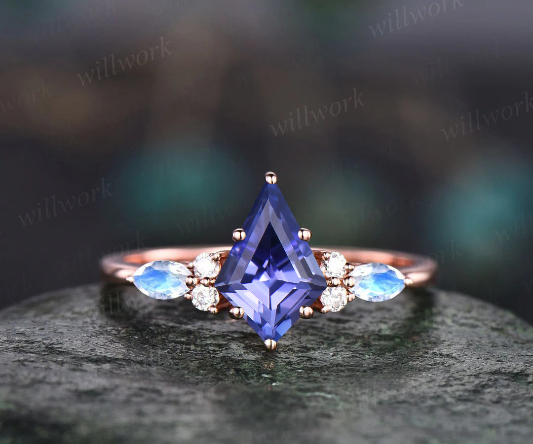 Vintage Kite Tanzanite Engagement Ring Set Art Deco Marquise Cut Moonstone Accent Ring Moissanite Wedding Band Bridal Set