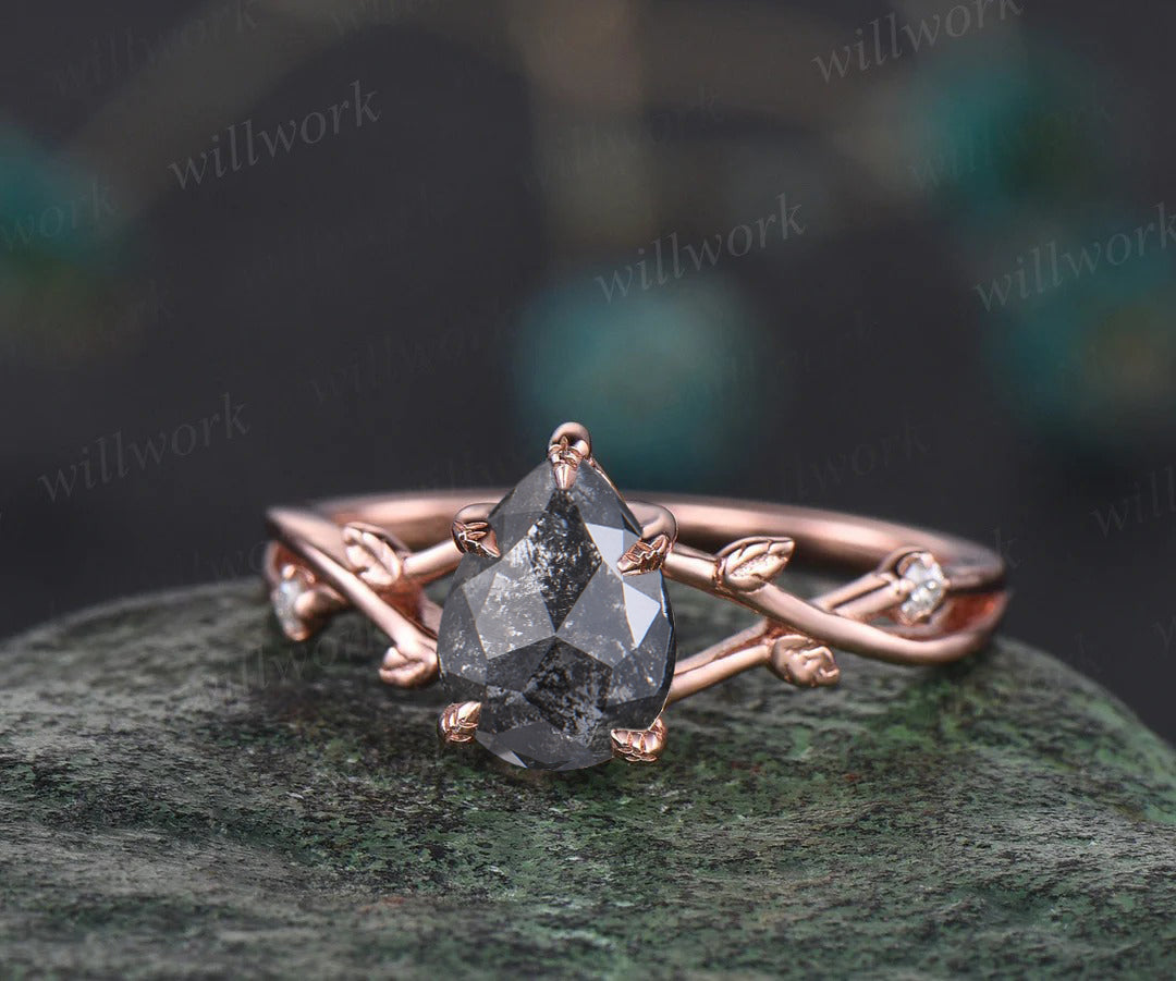 Nature Inspired Pear Salt and Pepper Diamond Engagement Ring Twised Twig Leaf Unique Diamond Bridal Wedding Ring Set Women Gift