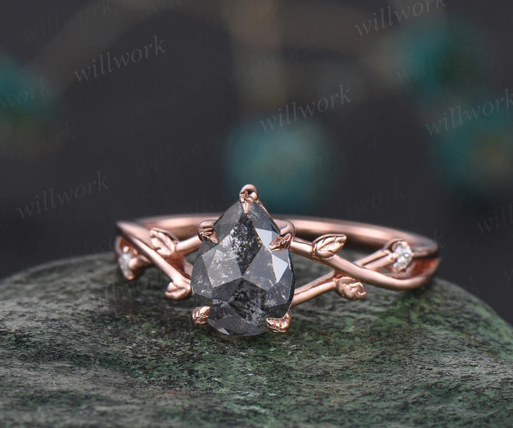 Nature Inspired Pear Salt and Pepper Diamond Engagement Ring Twised Twig Leaf Unique Diamond Bridal Wedding Ring Set Women Gift