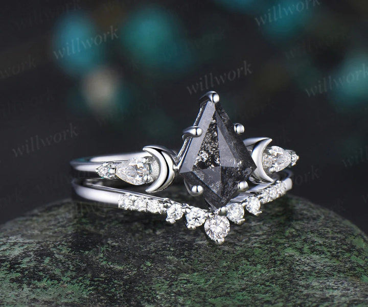 Unique kite cut salt and pepper diamond engagement ring set women 6 prong diamond accented moon bridal ring set