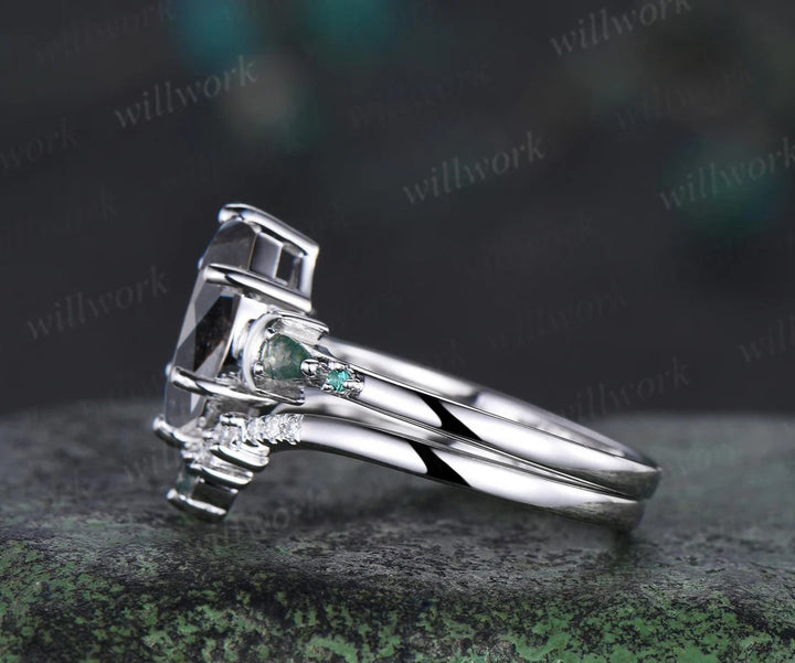 Unique Marquise Salt & Pepper Diamond Ring Set Moon Deco Moss Agate Emerald Accent Promise Ring Curved Band Bridal Set