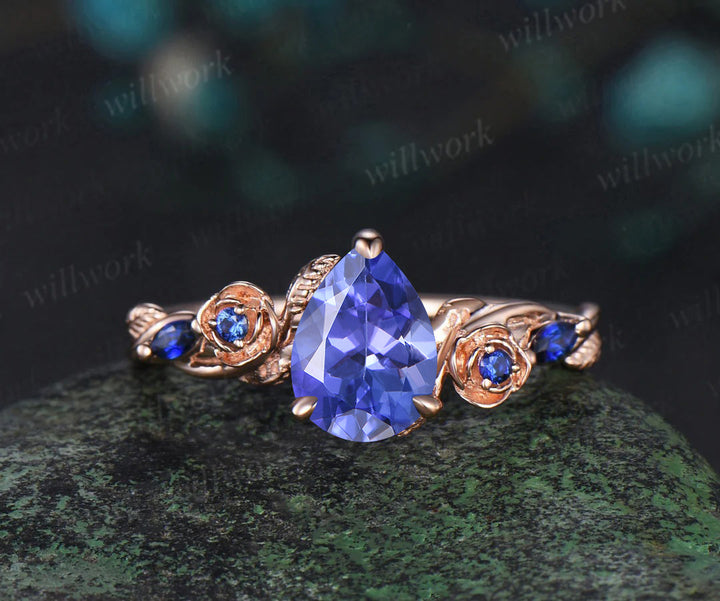 Pear natural Tanzanite engagement ring set rose gold sapphire leaf floral flower bridal ring set women