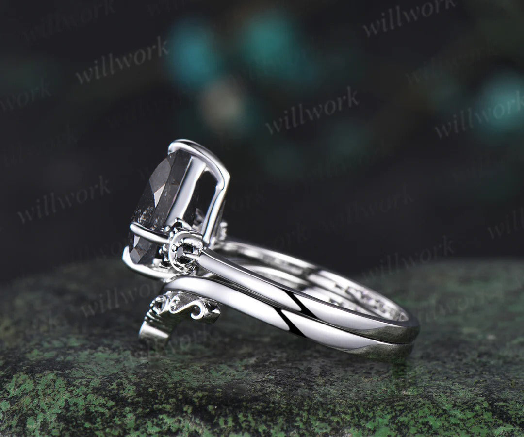 Kite cut salt and pepper diamond engagement ring Moon black diamond ring women unique anniversary gift