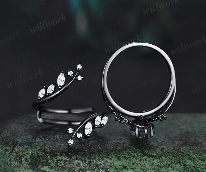Kite Natural Salt & Pepper Diamond Ring Set Unique Leaf Vine Moissanite Accent Ring Enhancer Band Black Gold Bridal Set