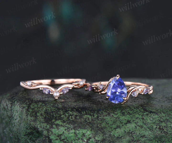 Pear tanzanite engagement ring set leaf pearl 14k rose gold wedding ring set jewelry